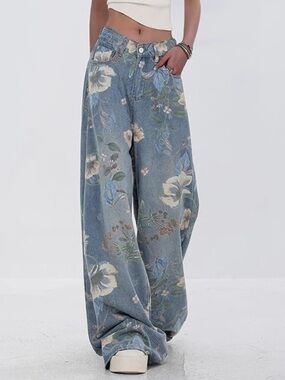 Chic Nation Blue Floral Wide-Leg Denim Jeans